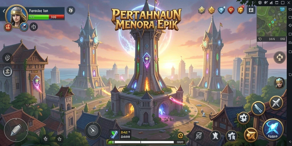 Tampak aksi menara dalam game Tower Defense yang mendebarkan.