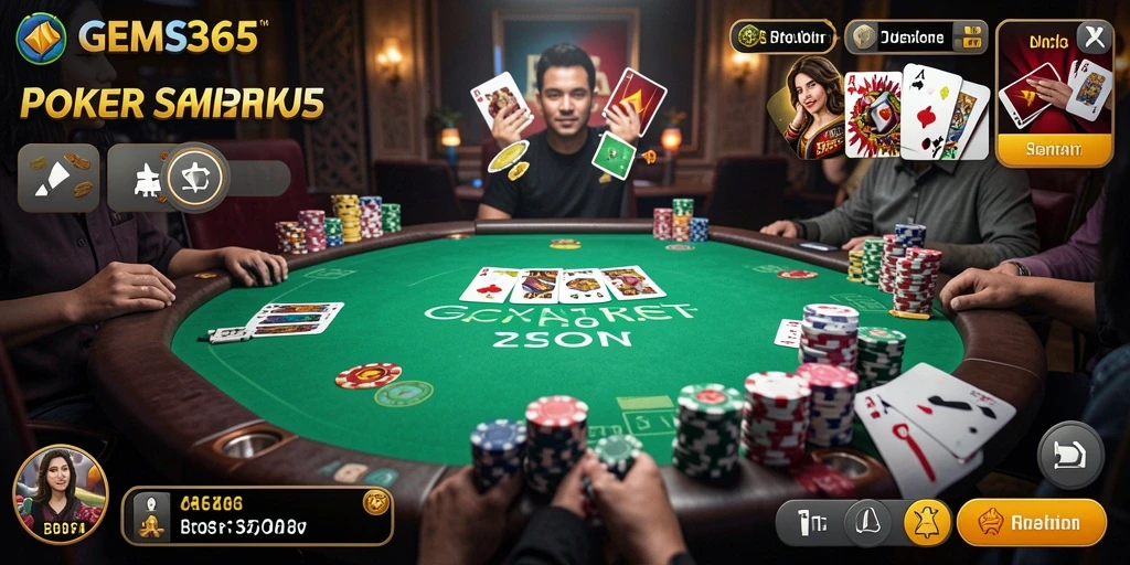Screenshot gameplay GEMS365 menampilkan aksi mendebarkan dalam permainan Poker.