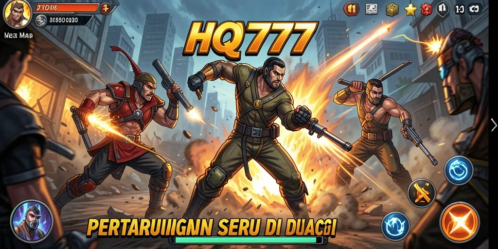 Tangkapan layar utama HQ777 memperlihatkan aksi seru dalam pertarungan yang intens.