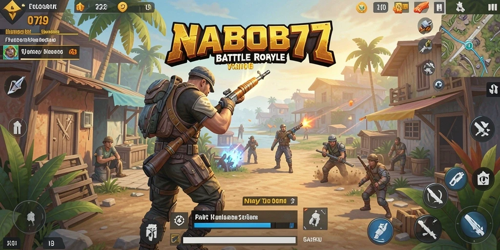 Screenshot gameplay NABOB77 menampilkan pertempuran seru dalam mode Battle Royale.