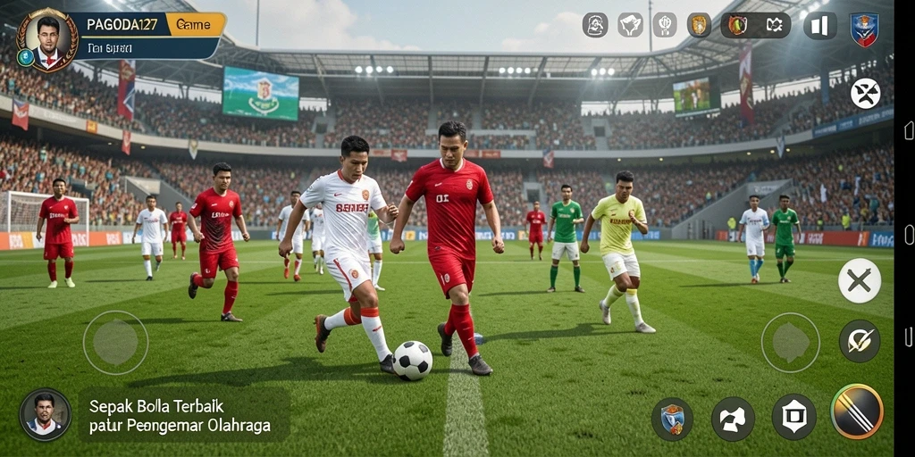 Tampilan gameplay sepak bola yang mendebarkan dan interaktif.